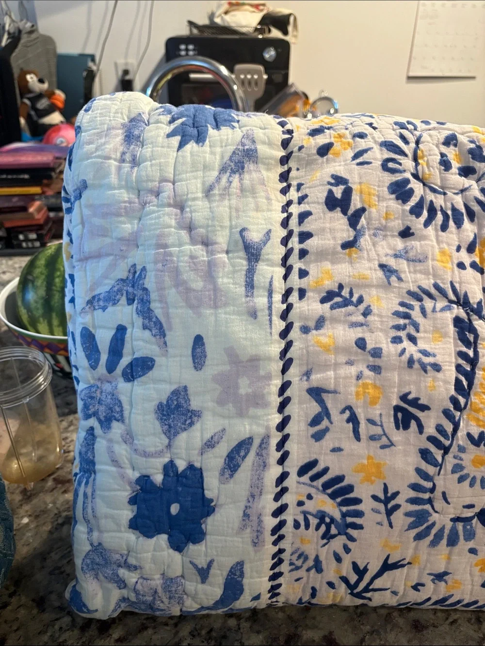 Anthropologie Blue and Yellow Floral Quilted Pillow Shams